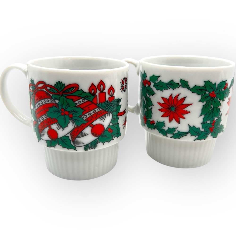 MCM Vintage Stackable Ceramic Christmas Mugs Japan Set Of‎ 2 Poinsettia Bells